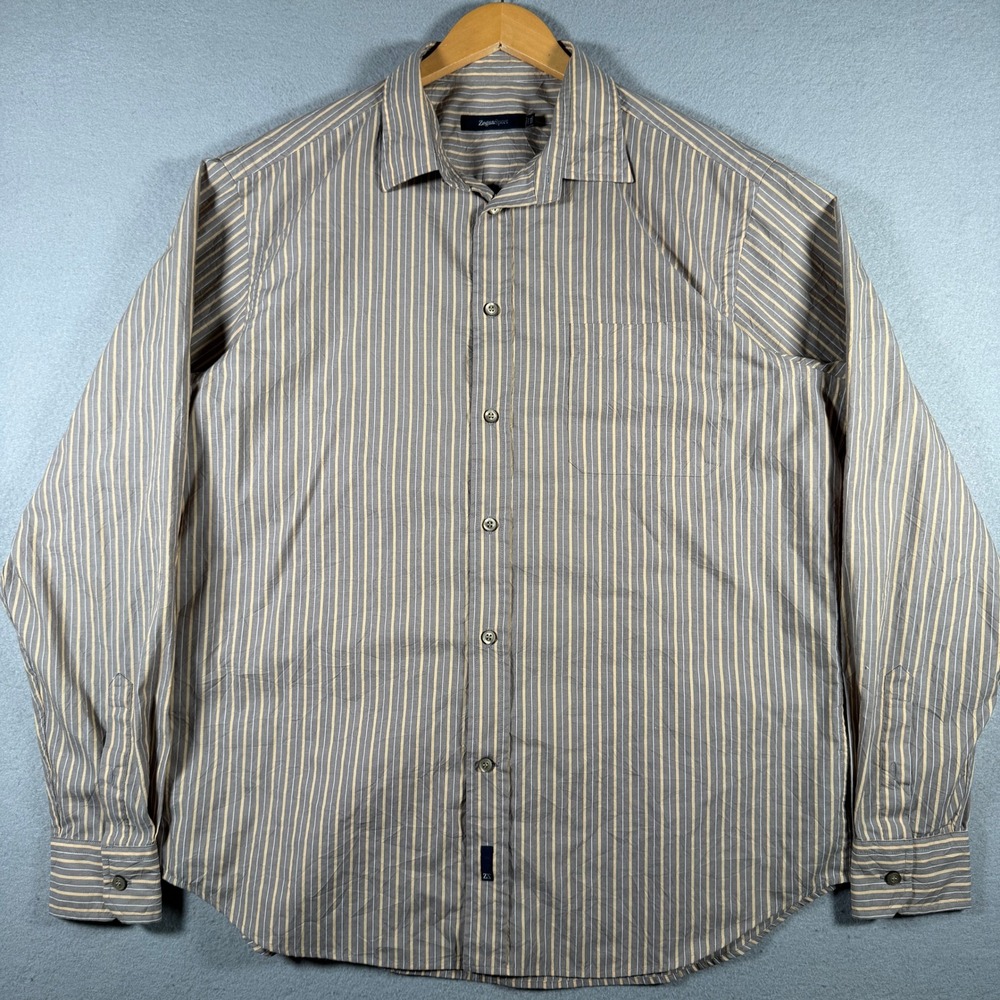 Zegna Sport Mens XXL Striped Long Sleeve Button Down Shirt Grey Yellow Cotton